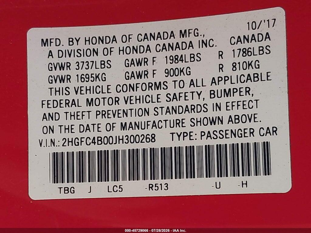2HGFC4B00JH300268 2018 HONDA CIVIC photo no. 9