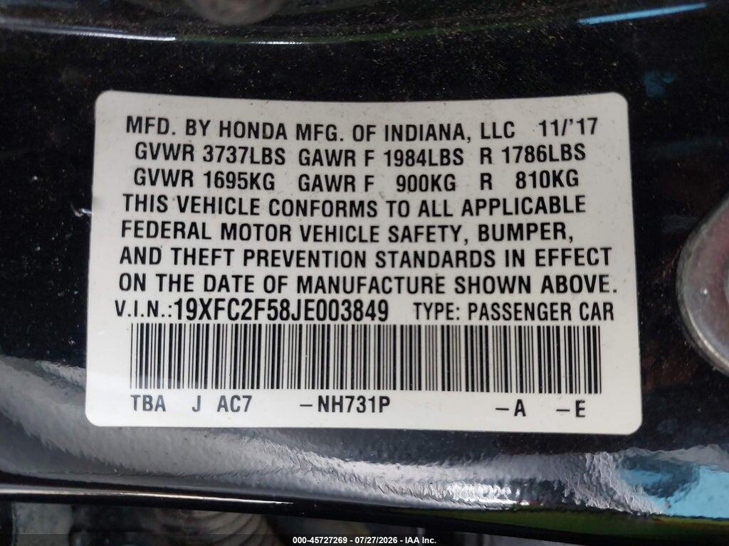 19XFC2F58JE003849 2018 HONDA CIVIC photo no. 9