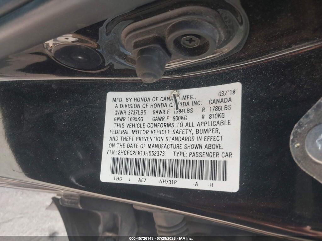 2HGFC2F81JH552373 2018 HONDA CIVIC photo no. 8