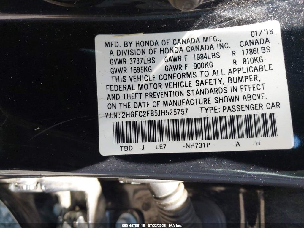 2HGFC2F85JH525757 2018 HONDA CIVIC photo no. 9
