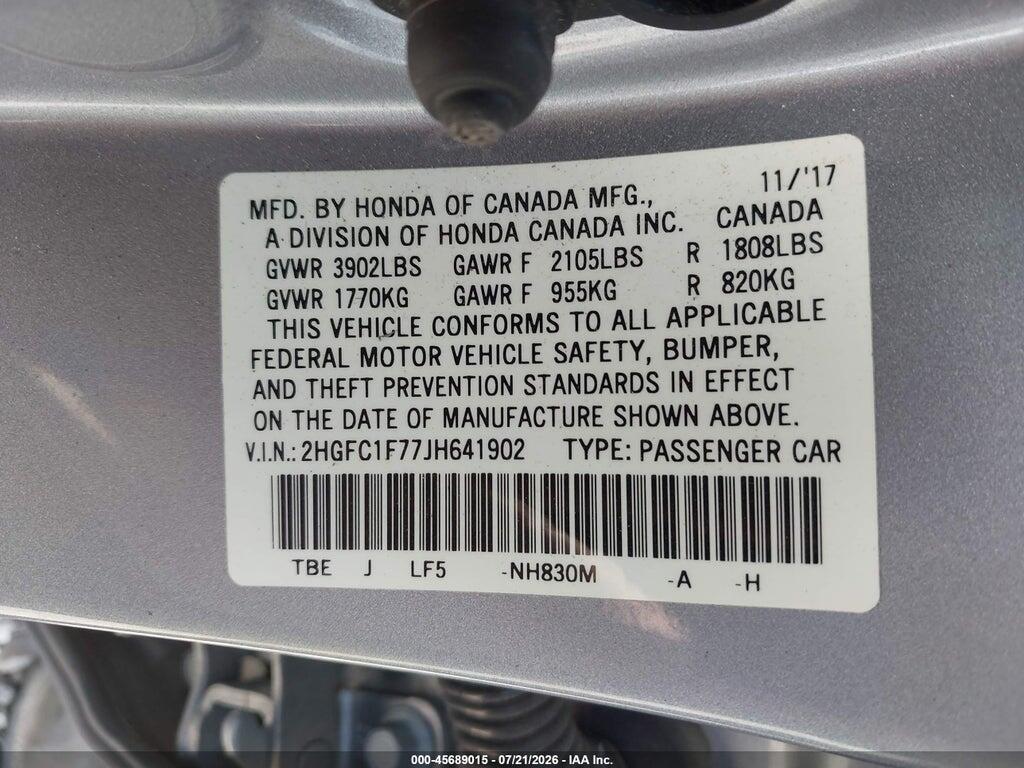 2HGFC1F77JH641902 2018 HONDA CIVIC photo no. 9