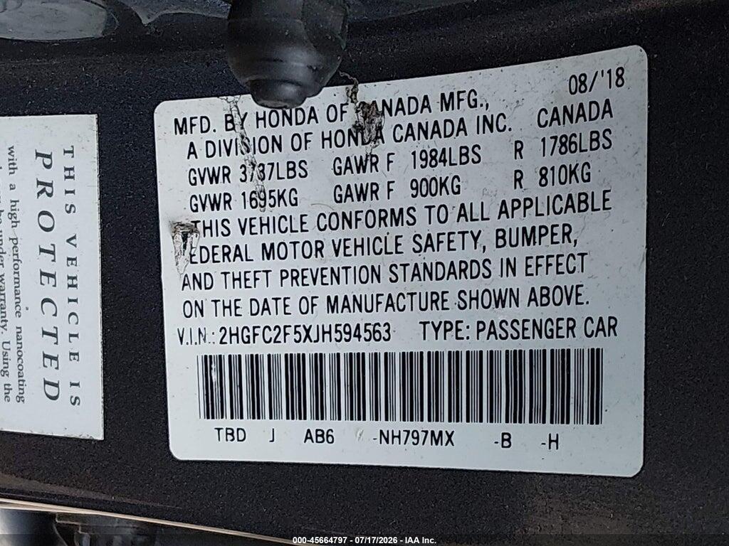 2HGFC2F5XJH594563 2018 HONDA CIVIC photo no. 9