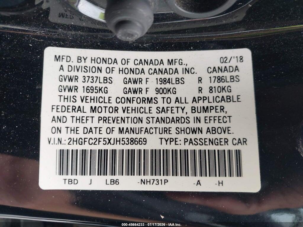 2HGFC2F5XJH538669 2018 HONDA CIVIC photo no. 9