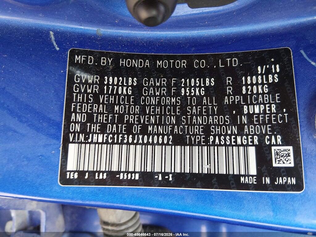 JHMFC1F36JX040602 2018 HONDA CIVIC photo no. 9