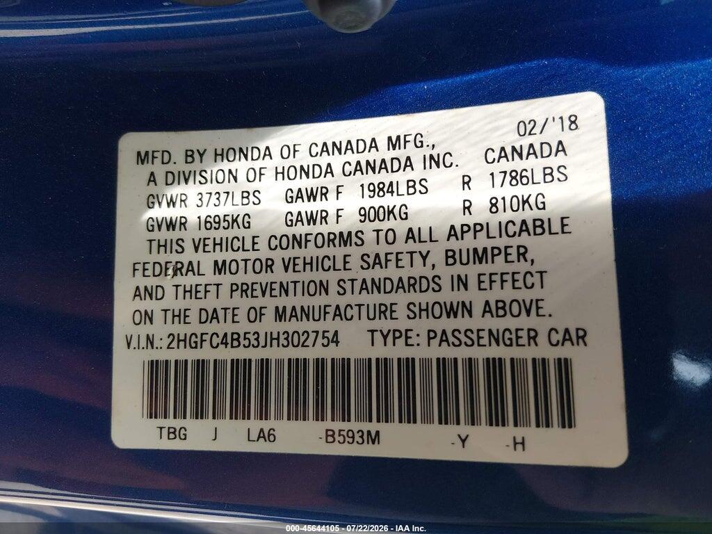 2HGFC4B53JH302754 2018 HONDA CIVIC photo no. 9
