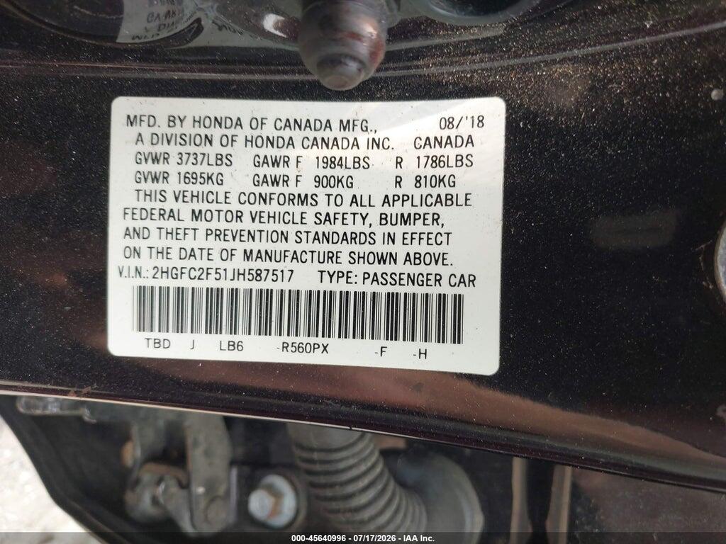 2HGFC2F51JH587517 2018 HONDA CIVIC photo no. 9