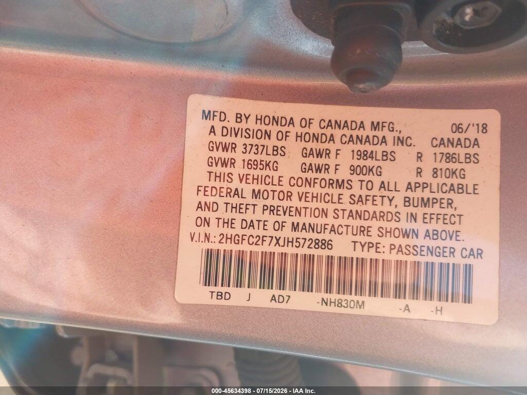 2HGFC2F7XJH572886 2018 HONDA CIVIC photo no. 9