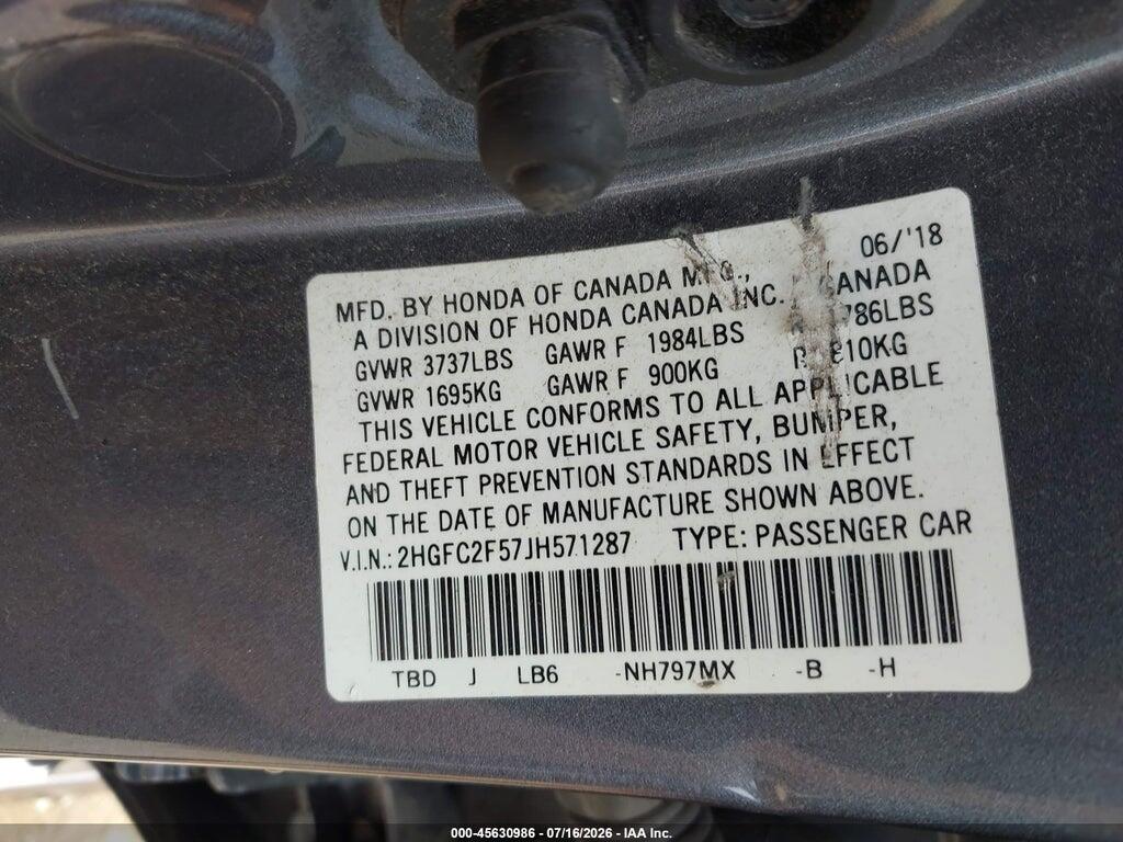 2HGFC2F57JH571287 2018 HONDA CIVIC photo no. 9
