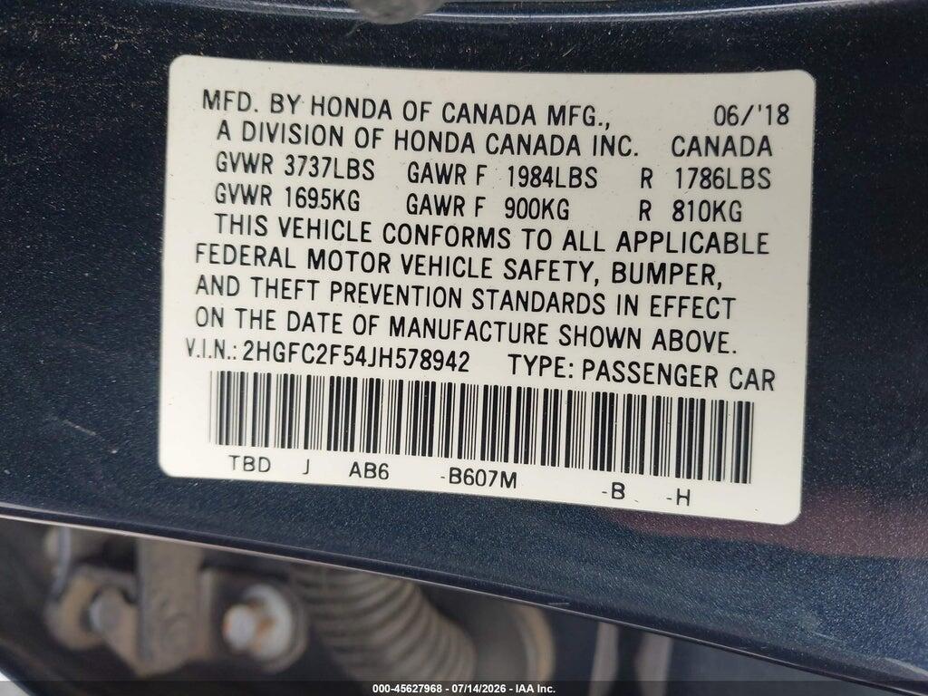 2HGFC2F54JH578942 2018 HONDA CIVIC photo no. 9