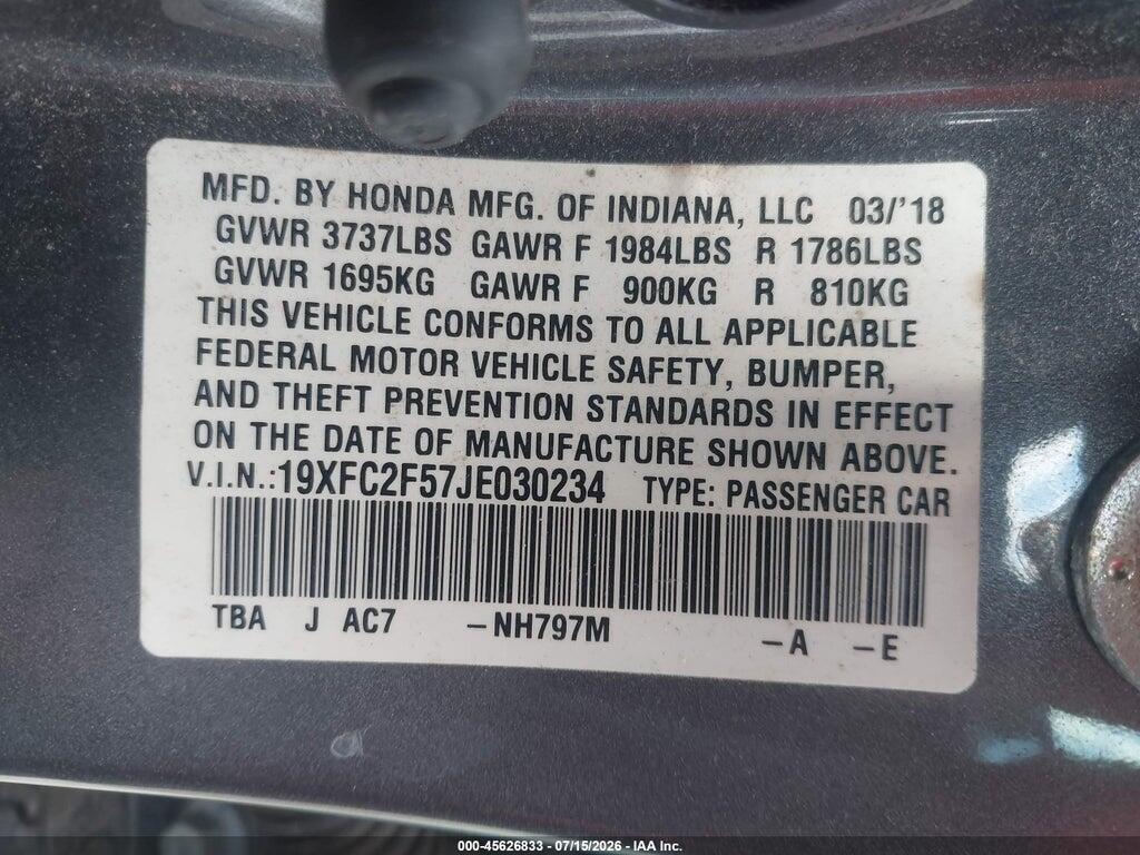 19XFC2F57JE030234 2018 HONDA CIVIC photo no. 9