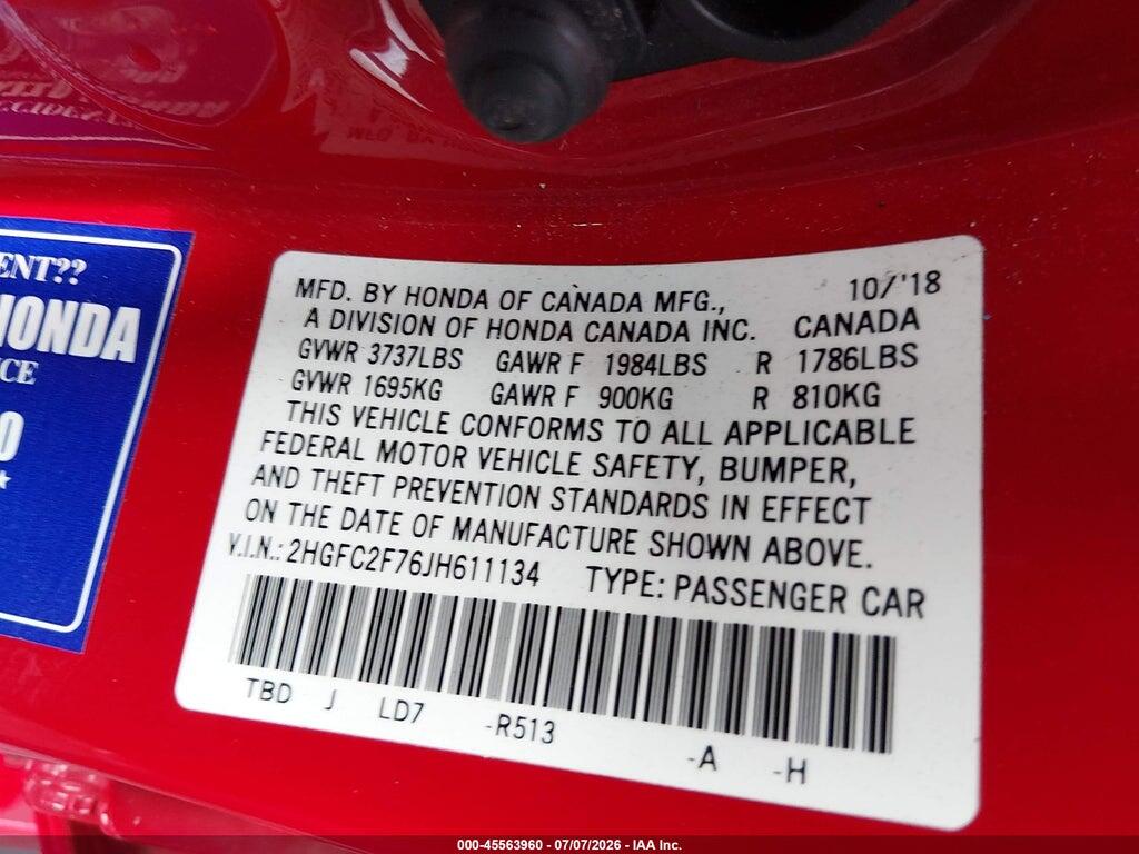 2HGFC2F76JH611134 2018 HONDA CIVIC photo no. 9