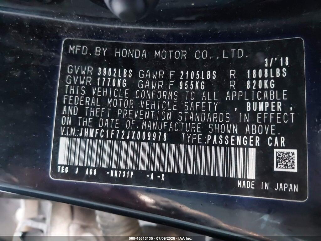JHMFC1F72JX009978 2018 HONDA CIVIC photo no. 9