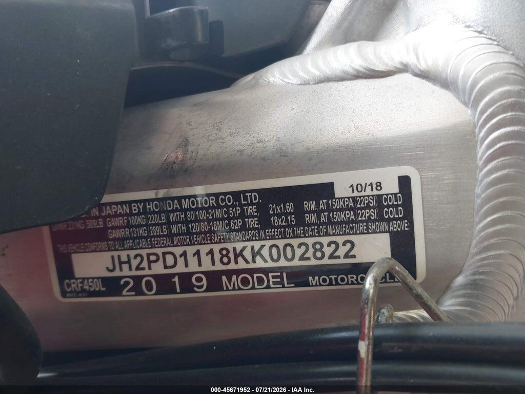 JH2PD1118KK002822 2019 HONDA CRF450 photo no. 10