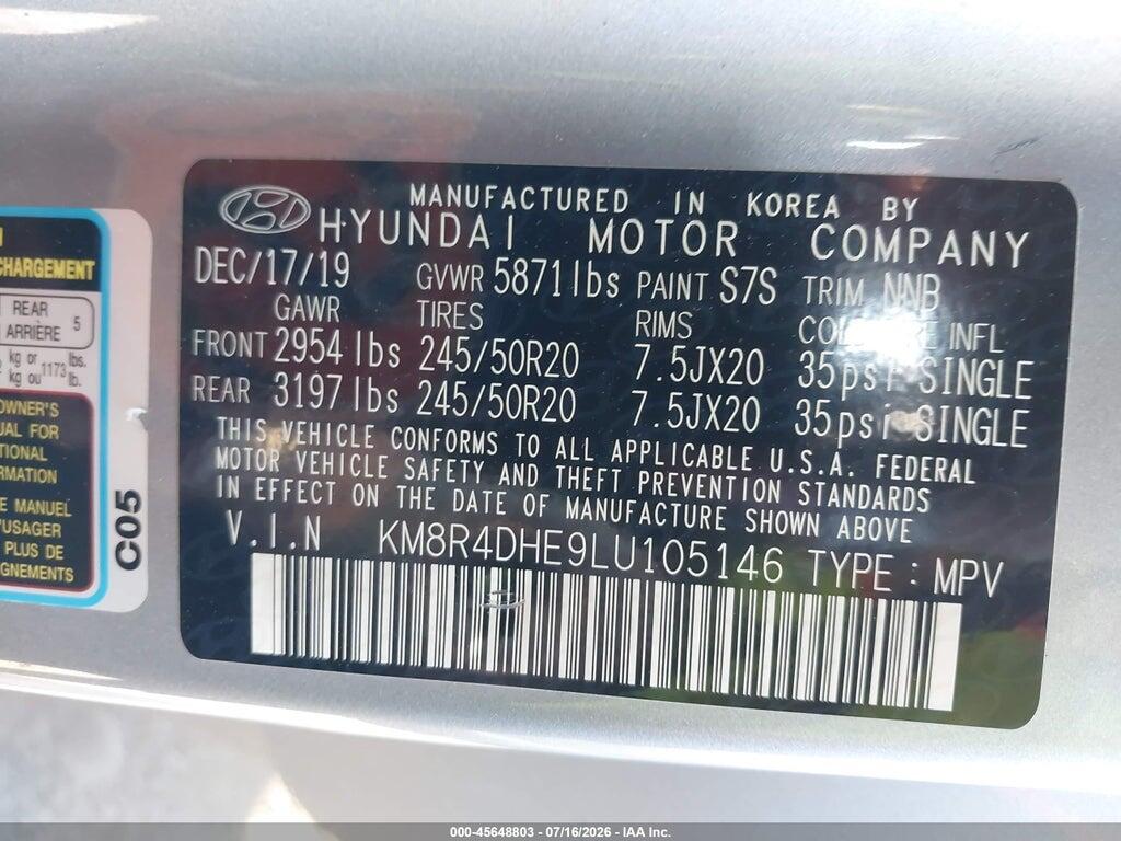 KM8R4DHE9LU105146 2020 HYUNDAI PALISADE photo no. 9