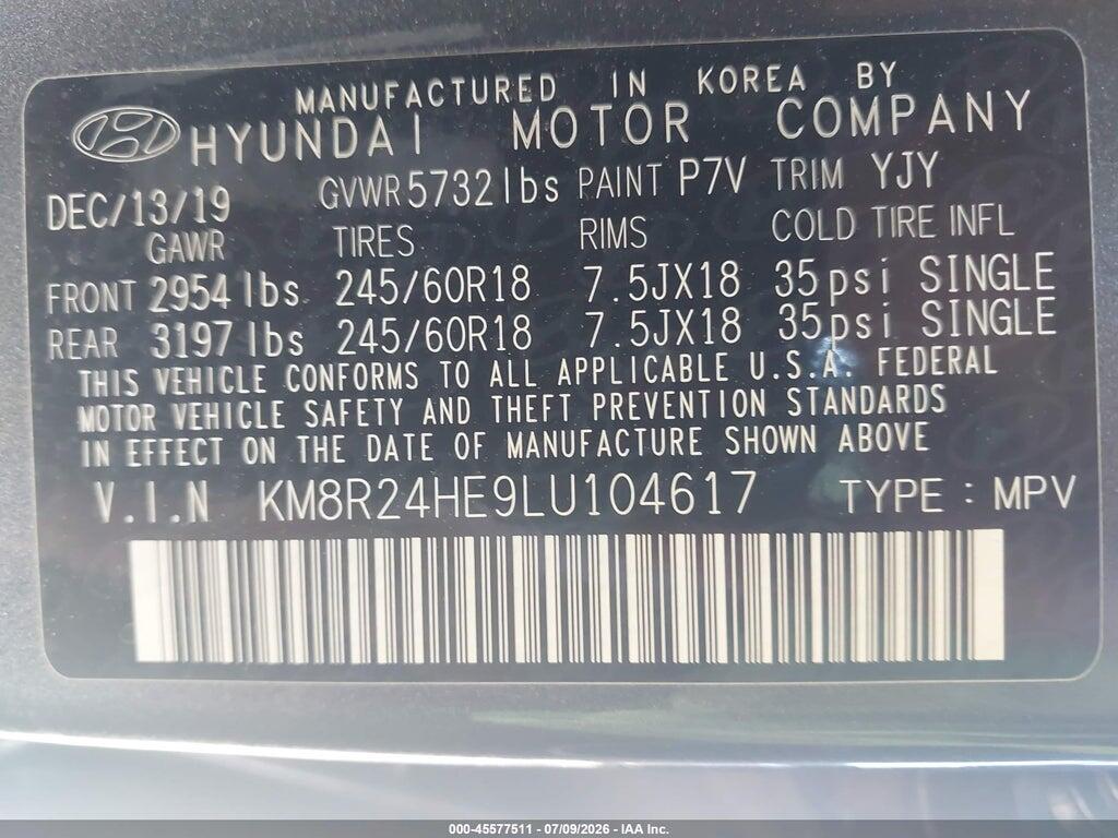 KM8R24HE9LU104617 2020 HYUNDAI PALISADE photo no. 9