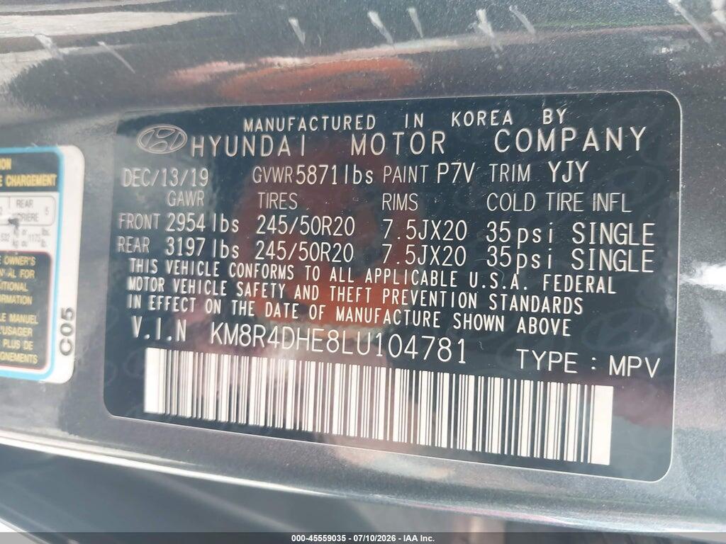 KM8R4DHE8LU104781 2020 HYUNDAI PALISADE photo no. 9