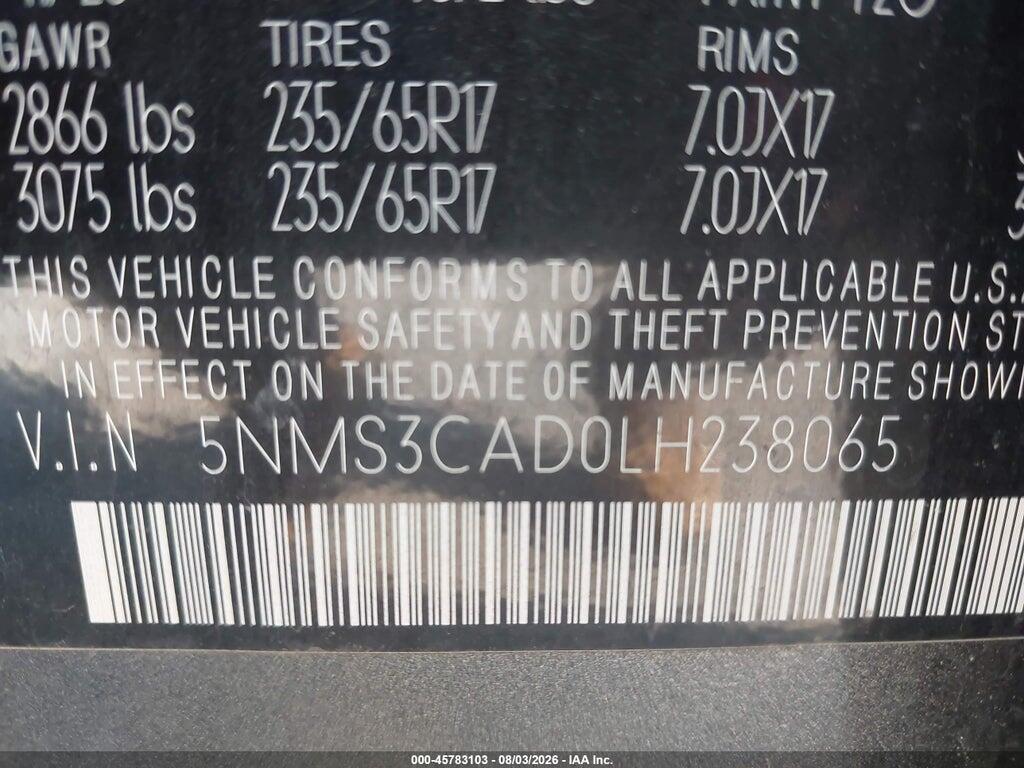 5NMS3CAD0LH238065 2020 HYUNDAI SANTA FE photo no. 9