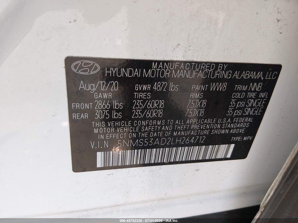 5NMS53AD2LH264712 2020 HYUNDAI SANTA FE photo no. 9