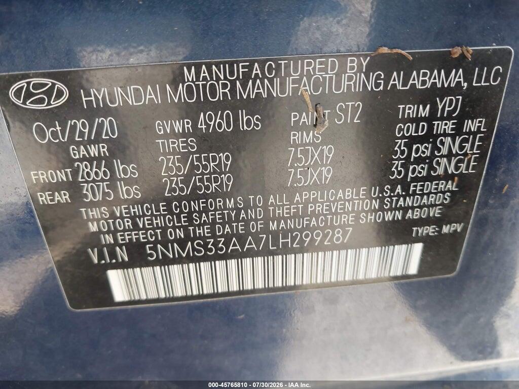 5NMS33AA7LH299287 2020 HYUNDAI SANTA FE photo no. 9