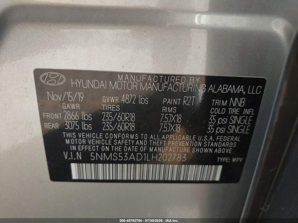 5NMS53AD1LH202783 2020 HYUNDAI SANTA FE photo no. 9