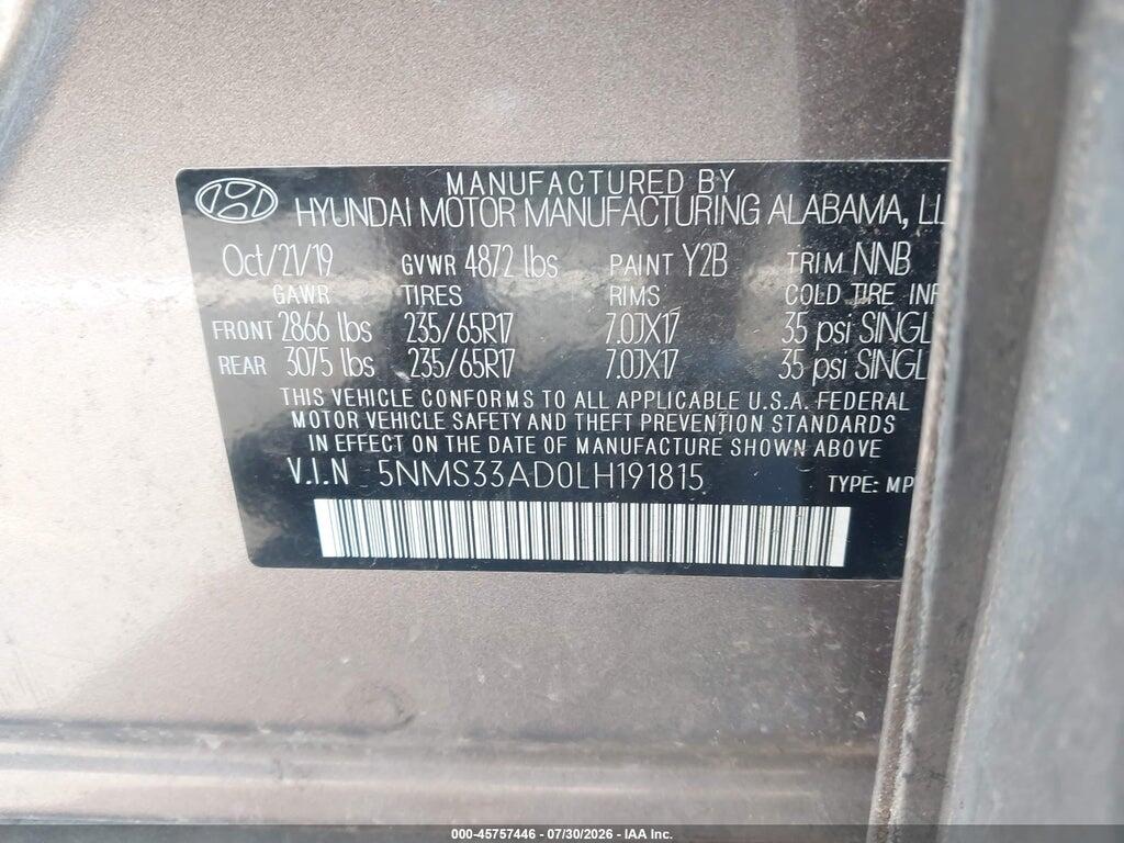 5NMS33AD0LH191815 2020 HYUNDAI SANTA FE photo no. 9