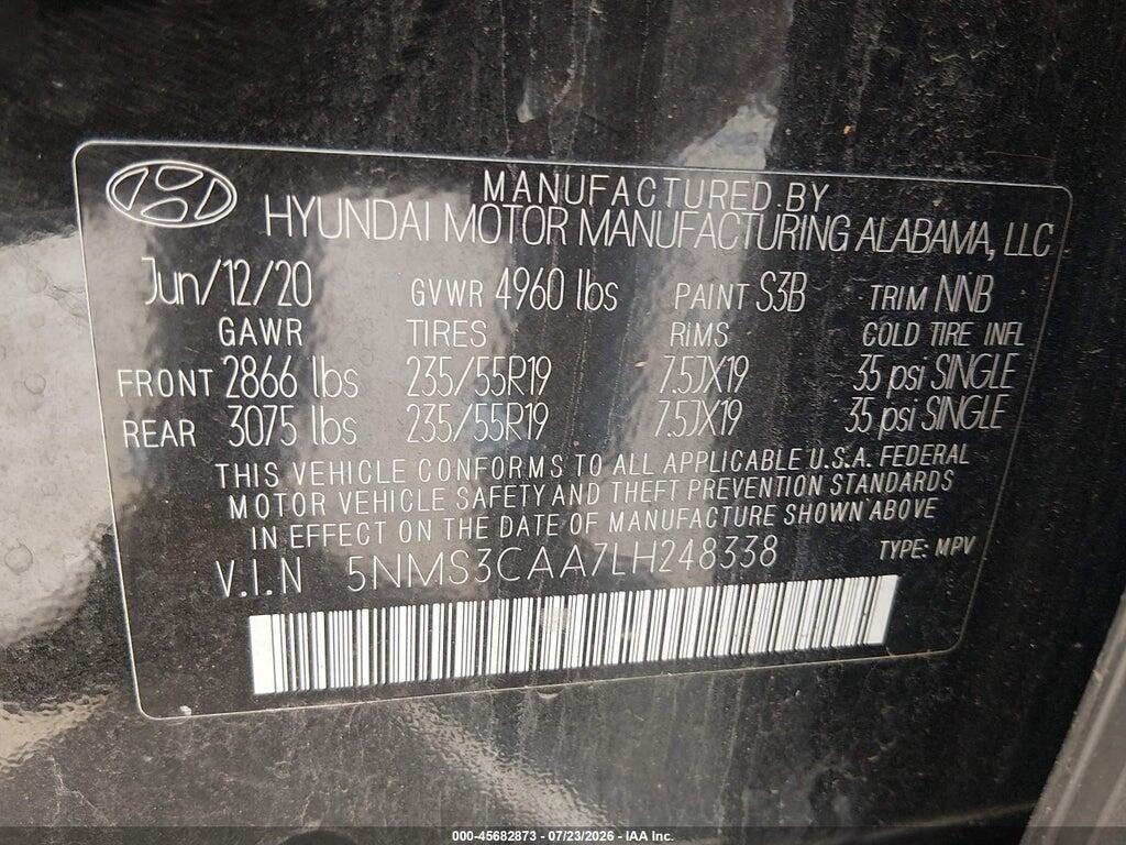 5NMS3CAA7LH248338 2020 HYUNDAI SANTA FE photo no. 9
