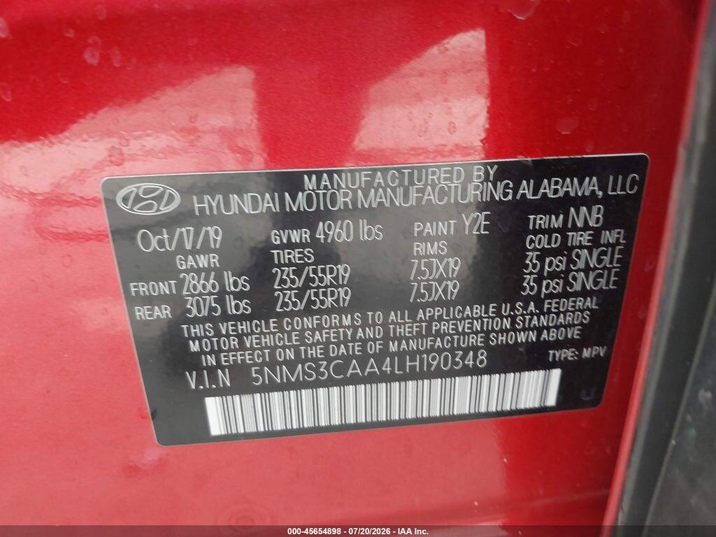 5NMS3CAA4LH190348 2020 HYUNDAI SANTA FE photo no. 9