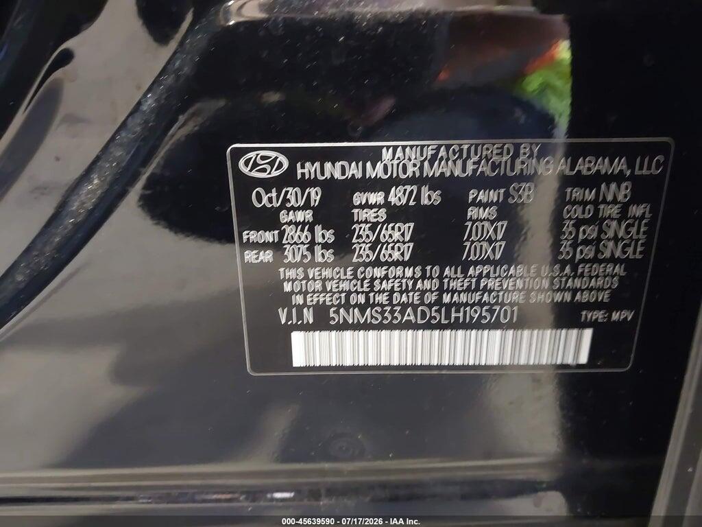 5NMS33AD5LH195701 2020 HYUNDAI SANTA FE photo no. 9