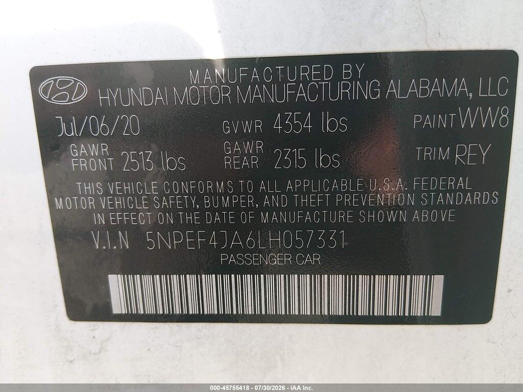 5NPEF4JA6LH057331 2020 HYUNDAI SONATA photo no. 9