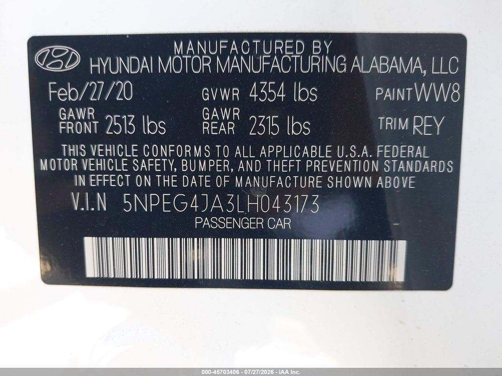 5NPEG4JA3LH043173 2020 HYUNDAI SONATA photo no. 9