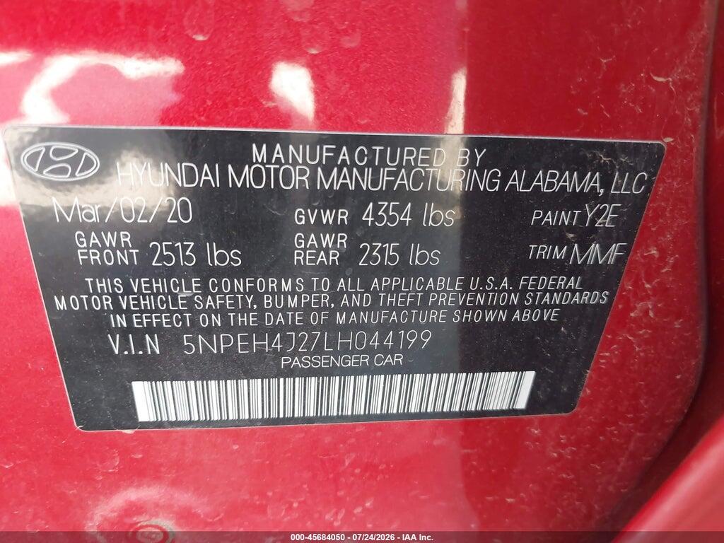 5NPEH4J27LH044199 2020 HYUNDAI SONATA photo no. 9