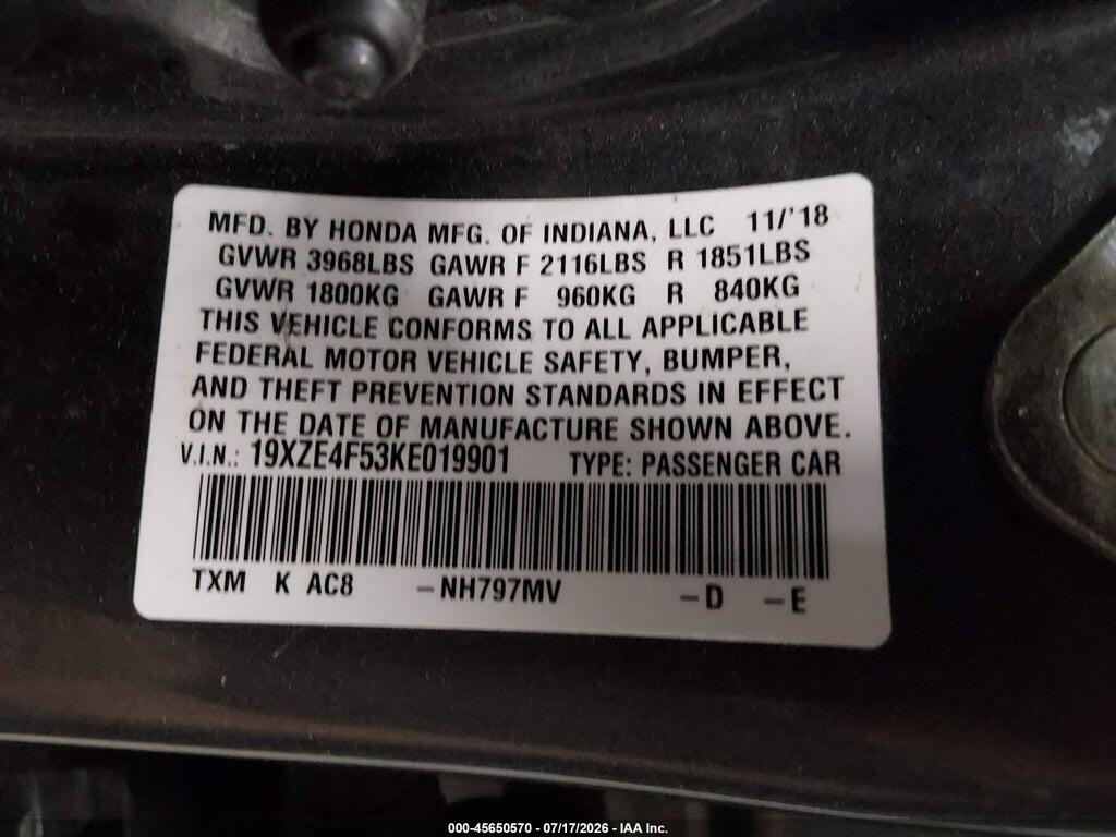 19XZE4F53KE019901 2019 HONDA INSIGHT photo no. 9