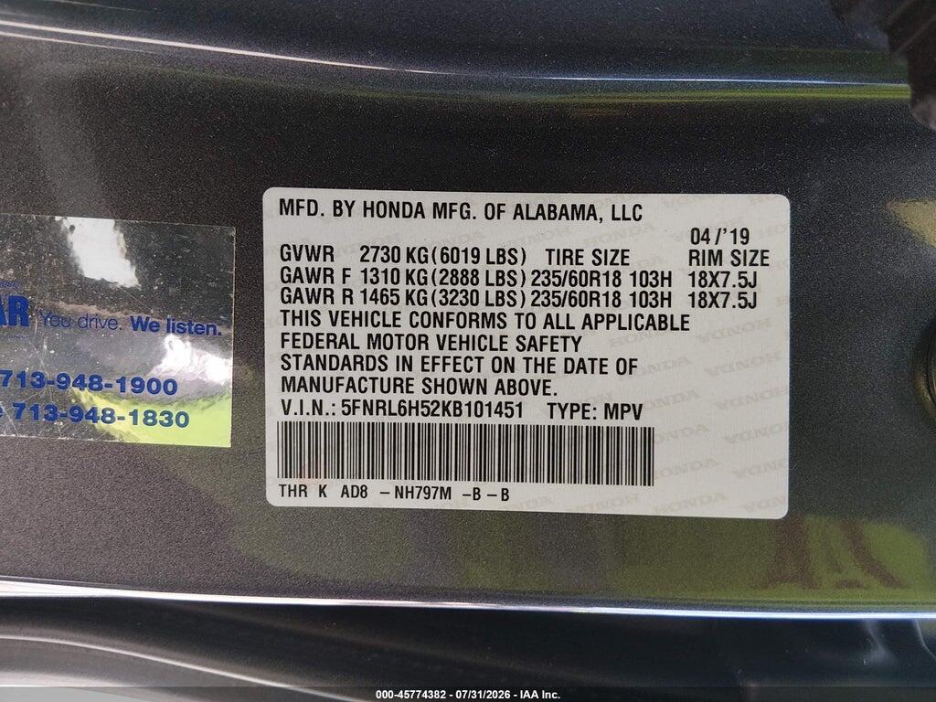 5FNRL6H52KB101451 2019 HONDA ODYSSEY photo no. 9
