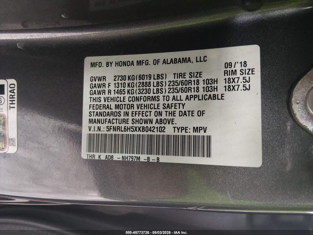5FNRL6H5XKB042102 2019 HONDA ODYSSEY photo no. 9