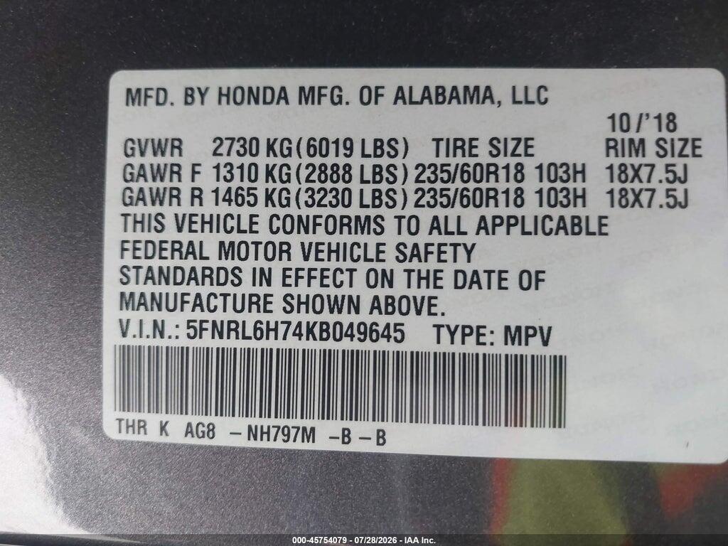5FNRL6H74KB049645 2019 HONDA ODYSSEY photo no. 9