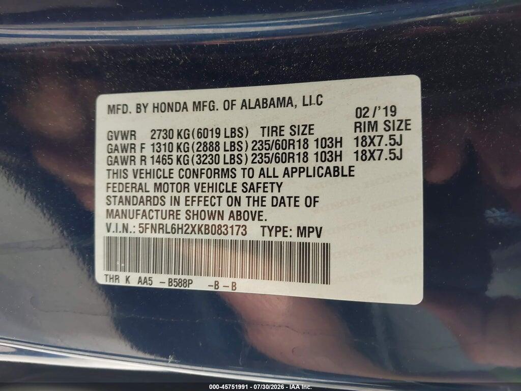 5FNRL6H2XKB083173 2019 HONDA ODYSSEY photo no. 9
