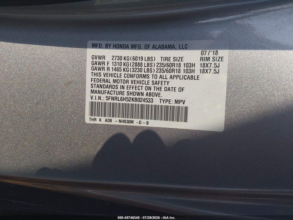 5FNRL6H52KB024533 2019 HONDA ODYSSEY photo no. 9