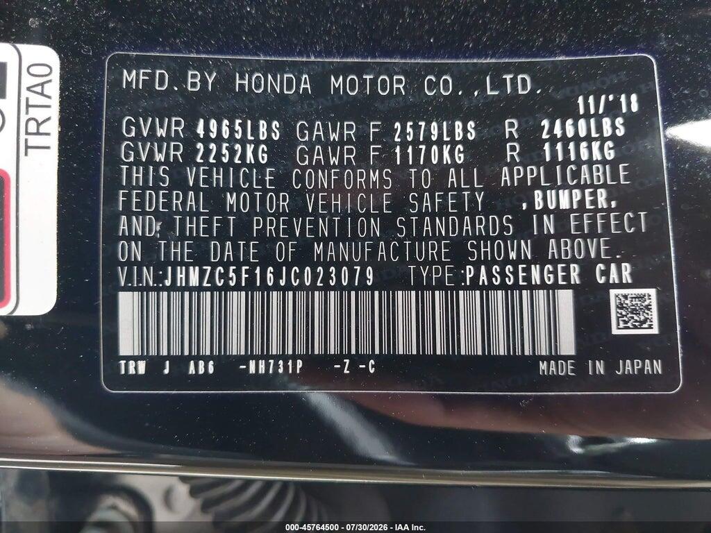 JHMZC5F16JC023079 2018 HONDA CLARITY PLUG-IN HYBRID photo no. 9