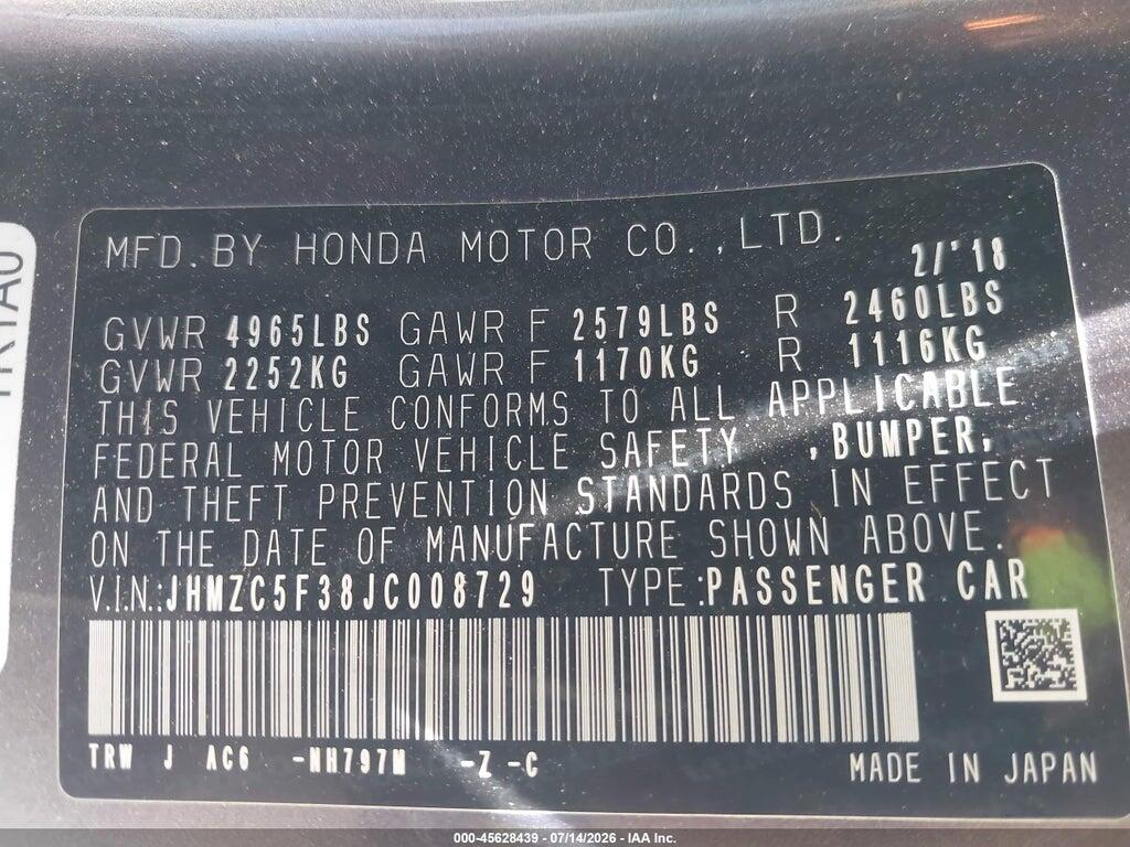 JHMZC5F38JC008729 2018 HONDA CLARITY PLUG-IN HYBRID photo no. 9