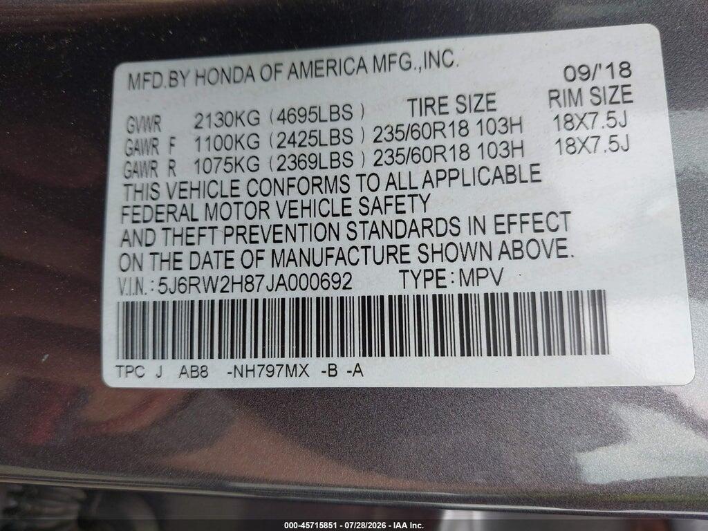 5J6RW2H87JA000692 2018 HONDA CR-V photo no. 9