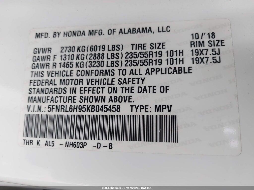 5FNRL6H95KB045458 2019 HONDA ODYSSEY photo no. 9