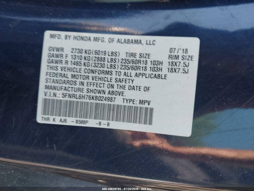5FNRL6H76KB024987 2019 HONDA ODYSSEY photo no. 9