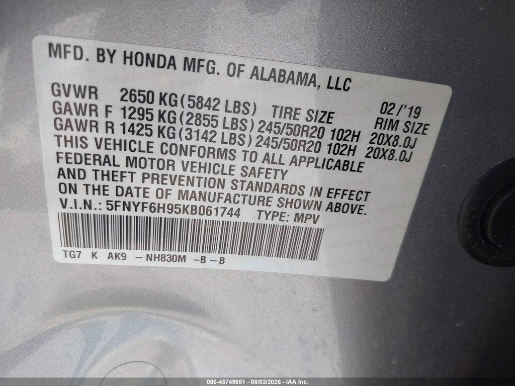 5FNYF6H95KB061744 2019 HONDA PILOT photo no. 9