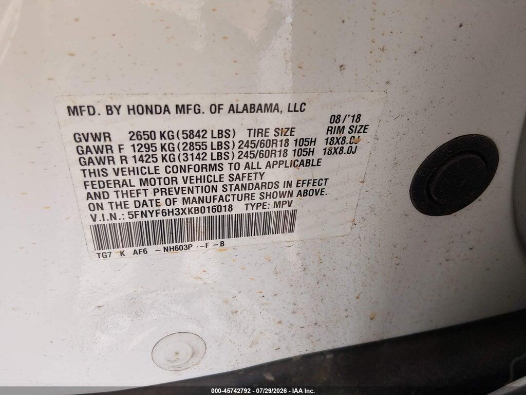 5FNYF6H3XKB016018 2019 HONDA PILOT photo no. 9