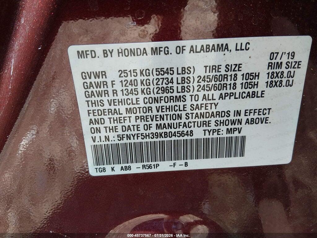5FNYF5H39KB045648 2019 HONDA PILOT photo no. 9