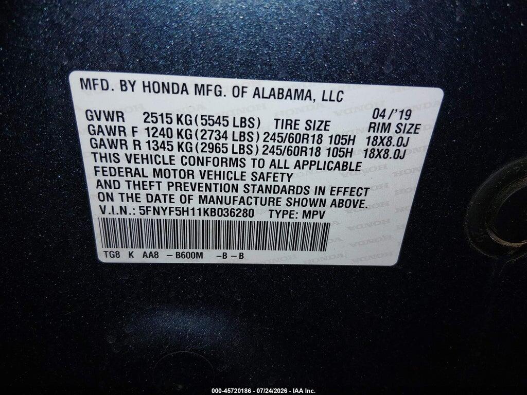 5FNYF5H11KB036280 2019 HONDA PILOT photo no. 9