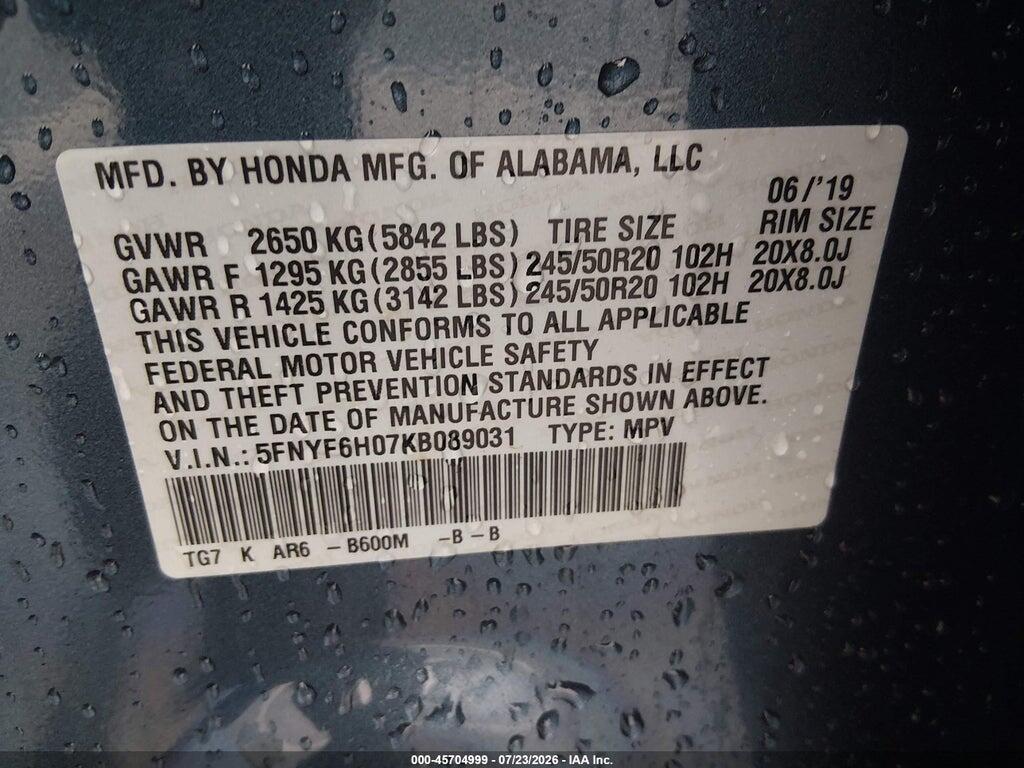 5FNYF6H07KB089031 2019 HONDA PILOT photo no. 9