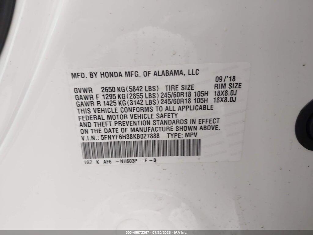 5FNYF6H38KB027888 2019 HONDA PILOT photo no. 9