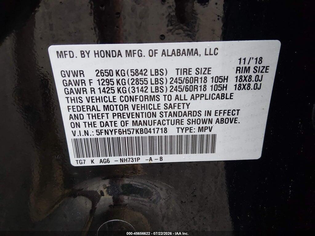 5FNYF6H57KB041718 2019 HONDA PILOT photo no. 9