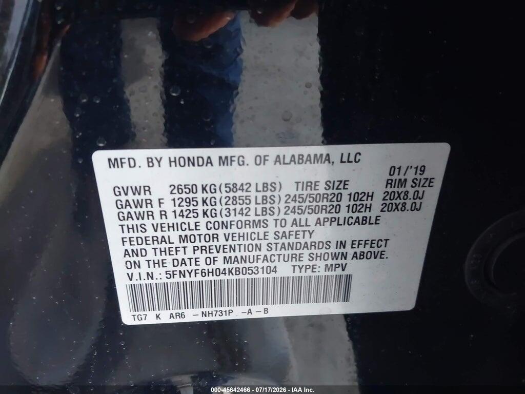 5FNYF6H04KB053104 2019 HONDA PILOT photo no. 9